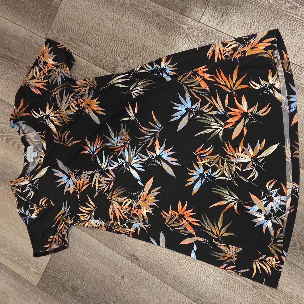 Veronica M Black Dress with Orange and Blue Leaf Pattern